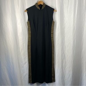 Alfred Shaheed Hawaii Vintage Black Midi Dress Gold Geometric Trim Size 10